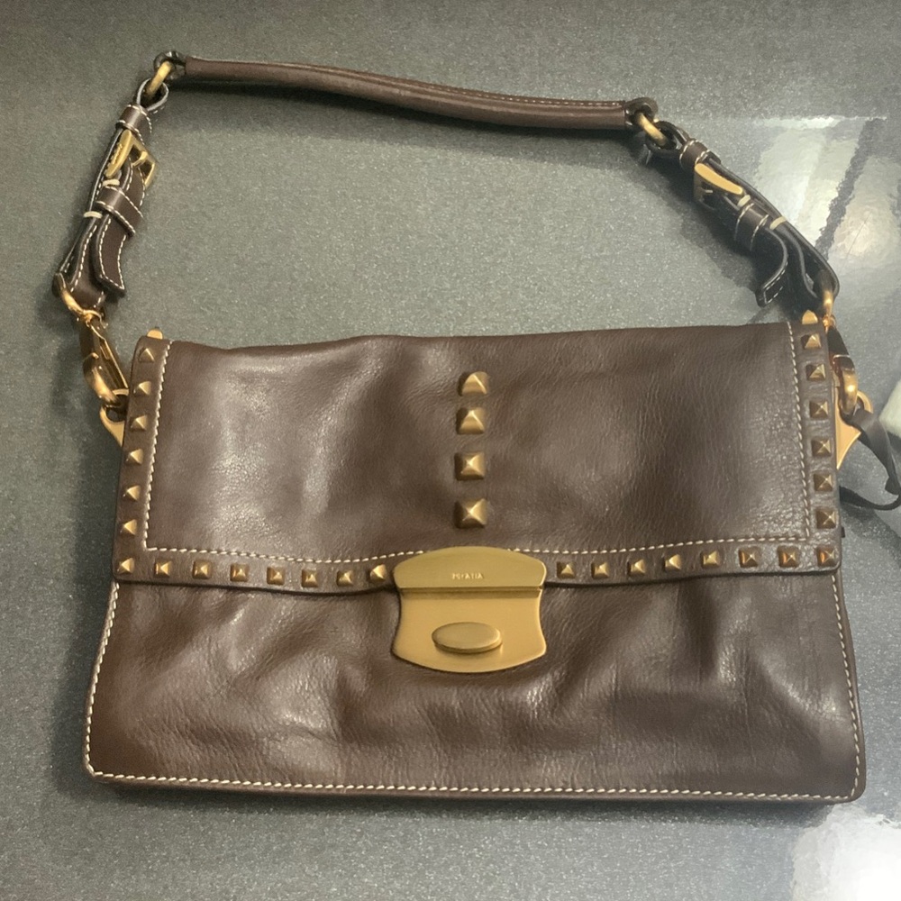 Prada Vitello Metal Sound Brown Leather Shoulder Bag with Gold Accents